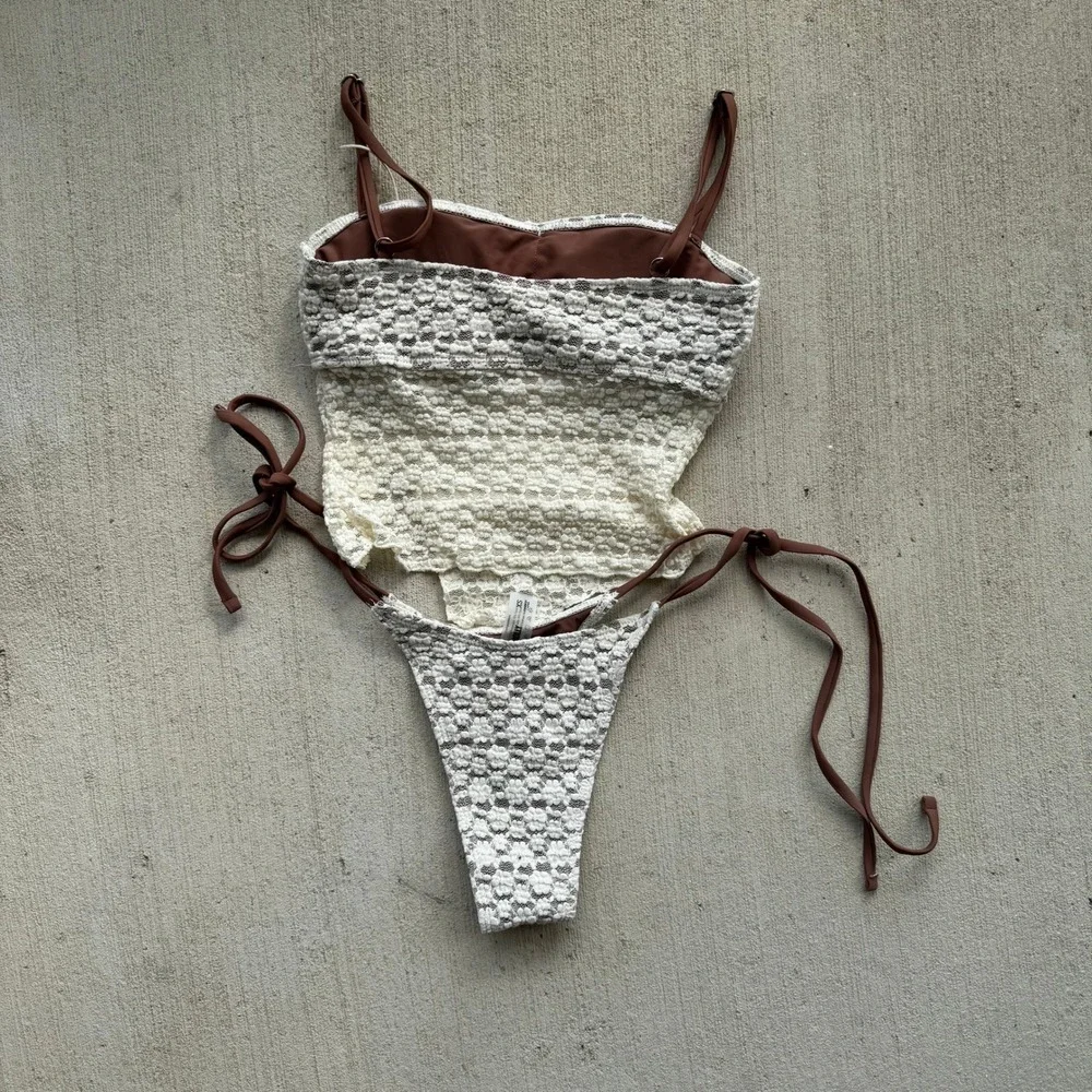 Sea Molly Floral Lace Tankini Set Women's Size XS Brown Cream Bikini